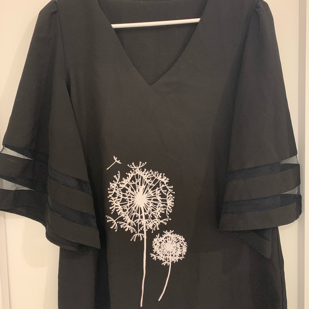 Black Bell Sleeve Blouse with Dandelion Graphic